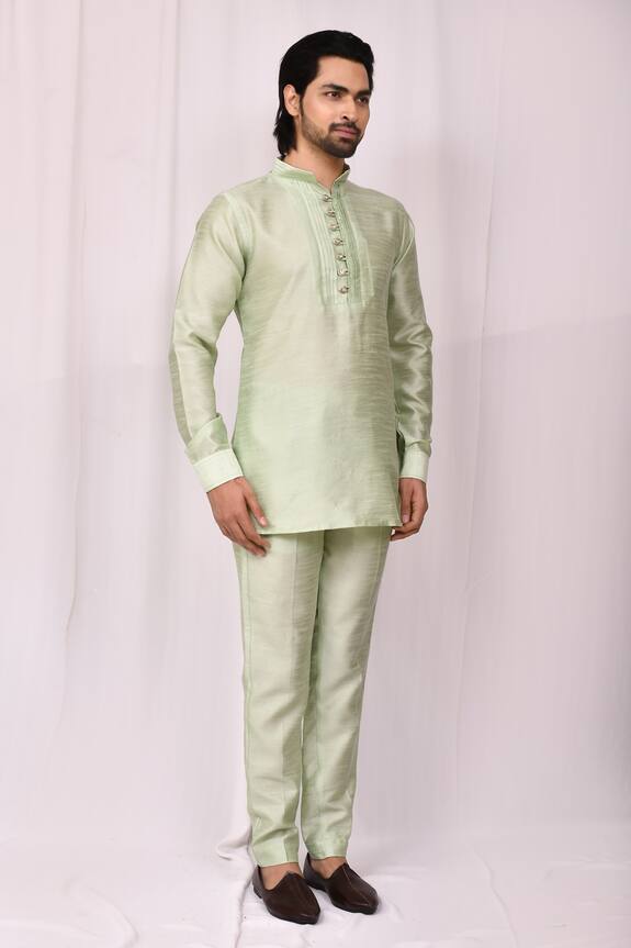 Aryavir Malhotra Green Art Silk Band Collar Kurta And Pant Set 3