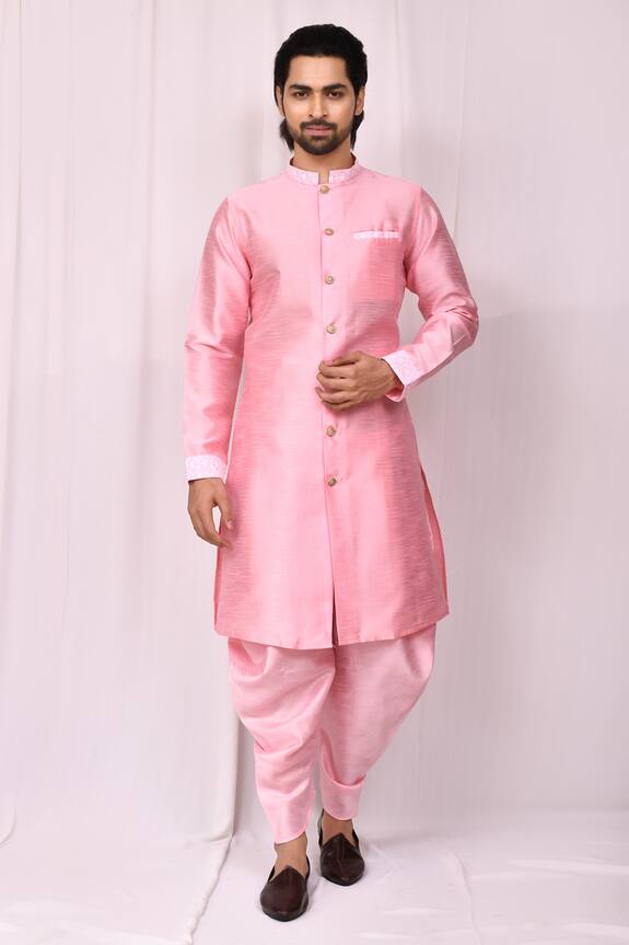 Aryavir Malhotra Pink Art Silk Button Down Kurta And Dhoti Pant Set 0