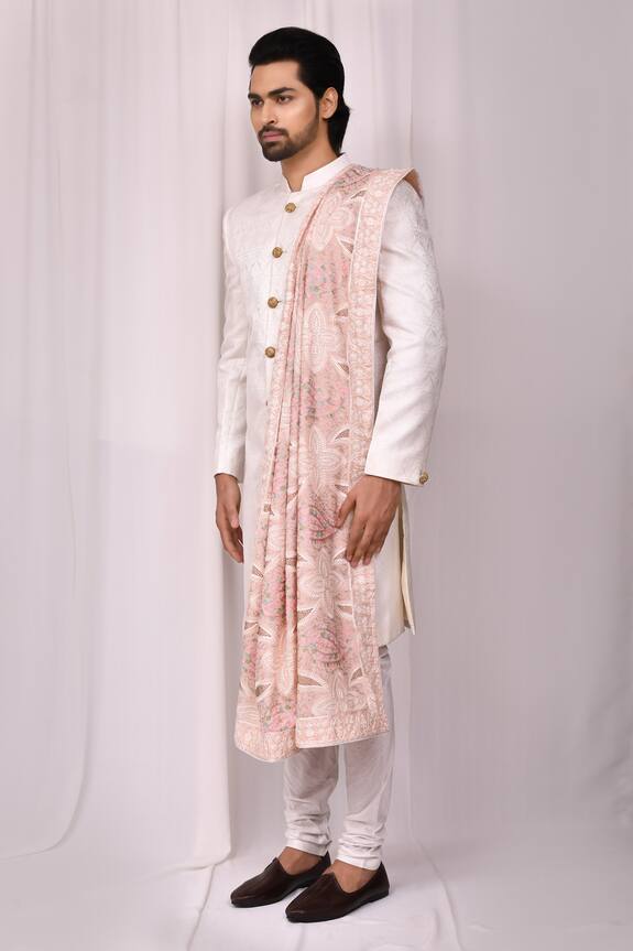 Aryavir Malhotra Peach Chanderi Silk Floral Embroidered Shawl 4