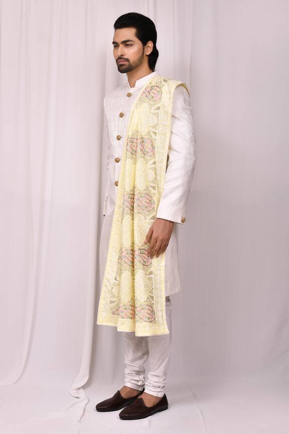 Aryavir Malhotra Yellow Chanderi Silk Floral Embroidered Shawl 4