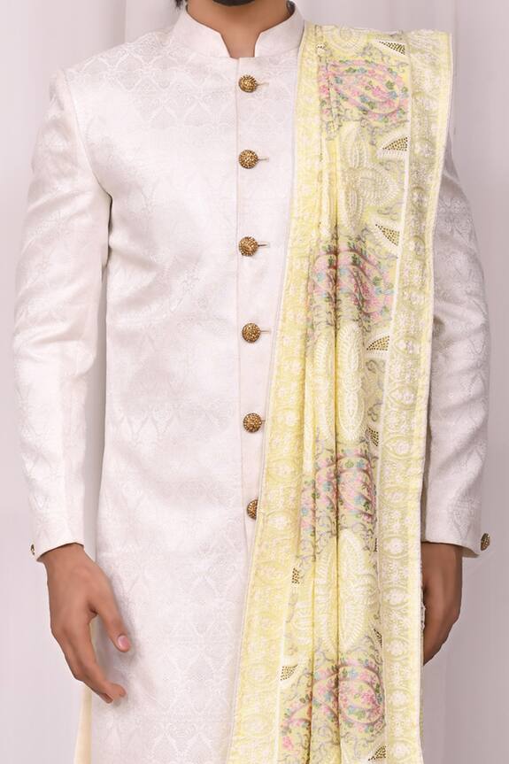 Aryavir Malhotra Yellow Chanderi Silk Floral Embroidered Shawl 5