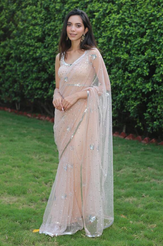 Powder Pink Beige Net Embroidered Saree With Blouse 3