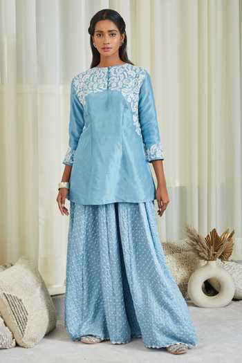 Red Gajji silk Embroiderd sharara set with elasticated waist pant and dupatta main image 1