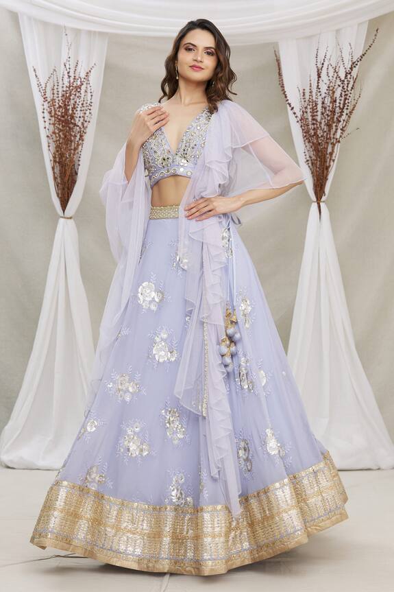 Priti Sahni Blue Raw Silk Floral Embroidered Lehenga Set 0