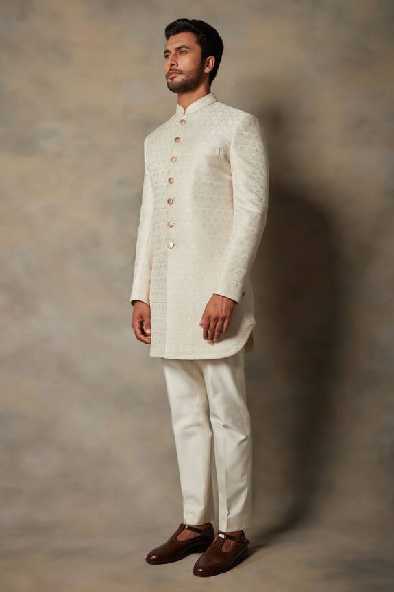 Gargee Designers White Polyester Viscose Full Sleeve Sherwani Set 3