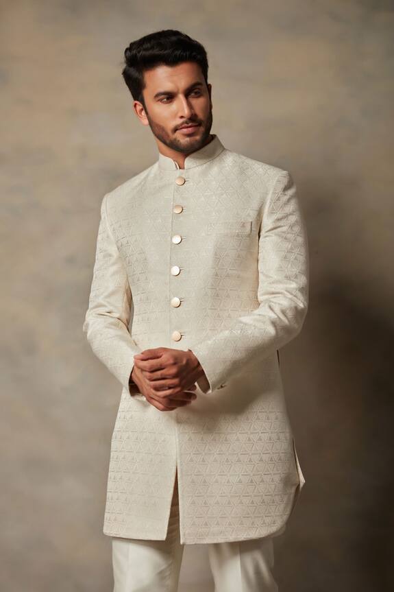 Gargee Designers White Polyester Viscose Full Sleeve Sherwani Set 4
