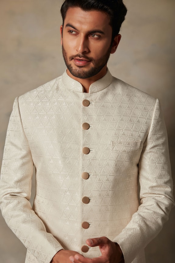 Gargee Designers White Polyester Viscose Full Sleeve Sherwani Set 5