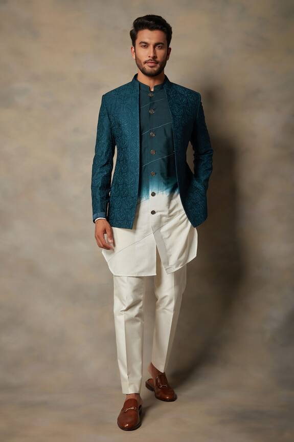 Gargee Designers Blue Cotton Silk Embroidered Bandhgala And Kurta Set 1