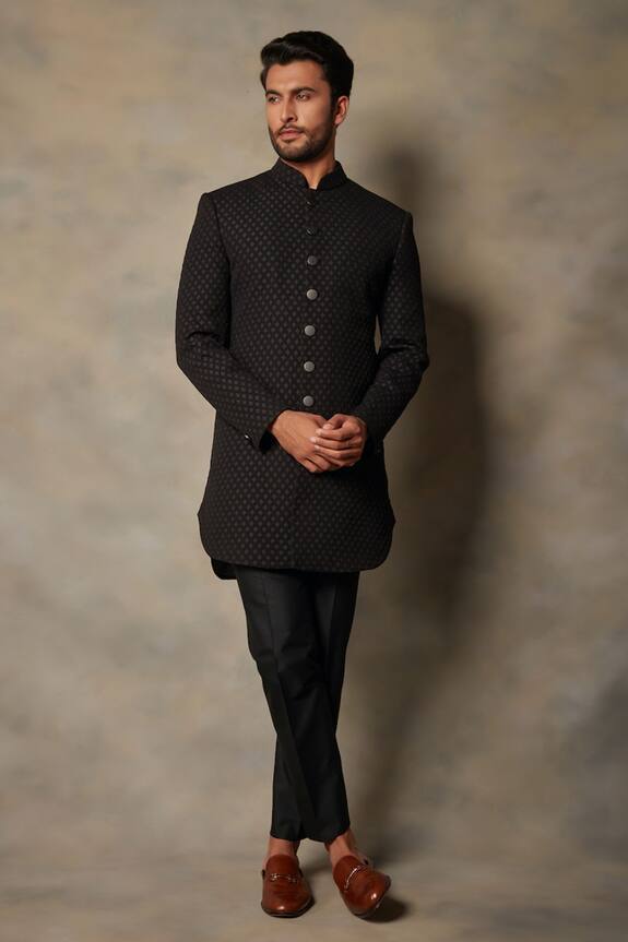 Gargee Designers Black Polyester Viscose Jacquard Textured Sherwani Set 1
