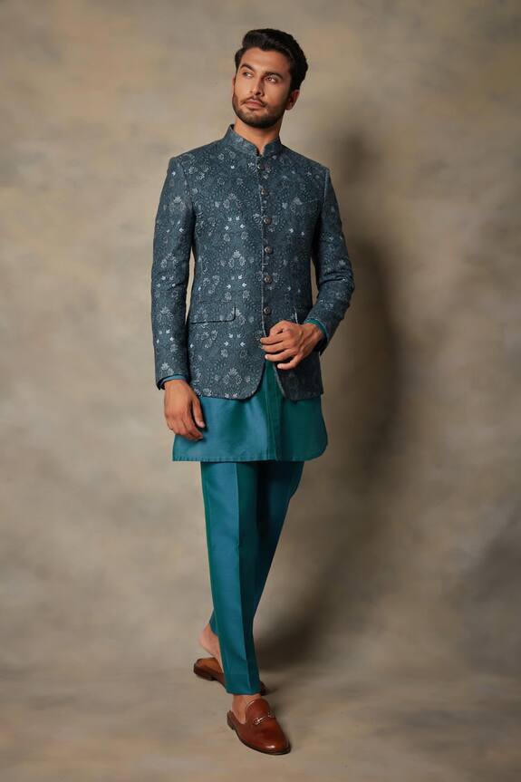 Gargee Designers Blue Linen Bandhgala And Kurta Set 3