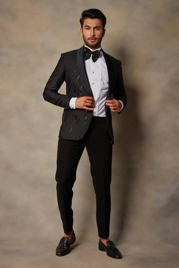 Gargee Designers Black Polyester Viscose Embellished Tuxedo And Pant Set 3