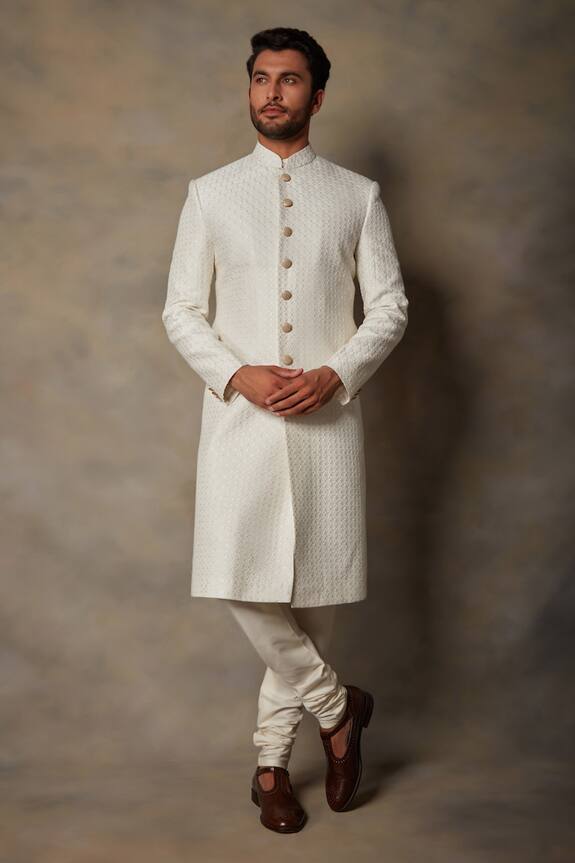 Gargee Designers White Cotton Silk Geometric Embroidered Sherwani Set 1