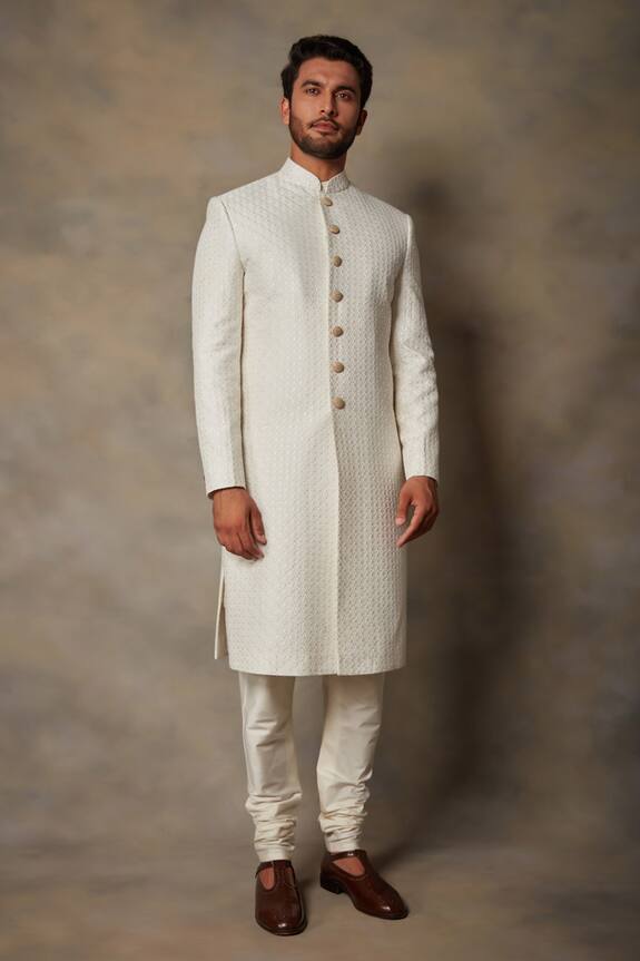 Gargee Designers White Cotton Silk Geometric Embroidered Sherwani Set 3