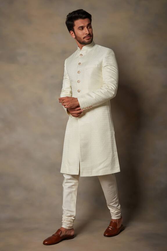 Gargee Designers White Textured Sherwani Set 4