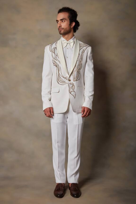 Gargee Designers White Polyester Embellished Tuxedo And Pant Set 3