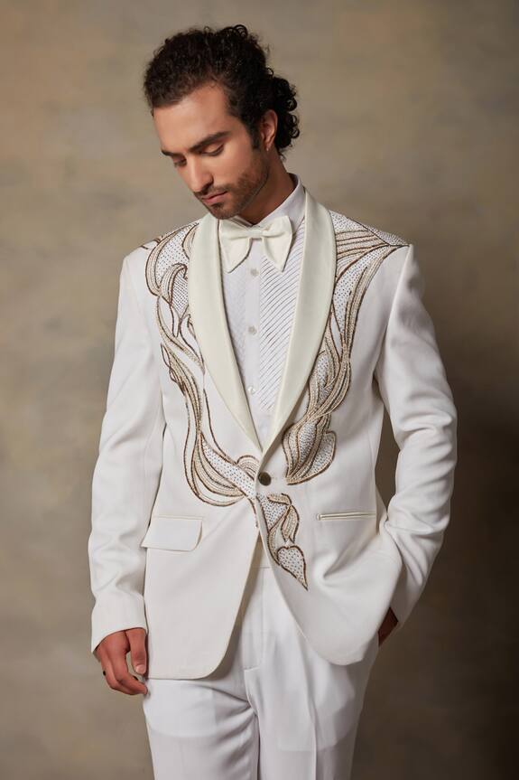 Gargee Designers White Polyester Embellished Tuxedo And Pant Set 4