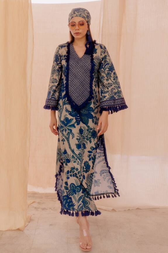Pooja-Keyur Blue Cotton Satin Floral Print Tunic 1
