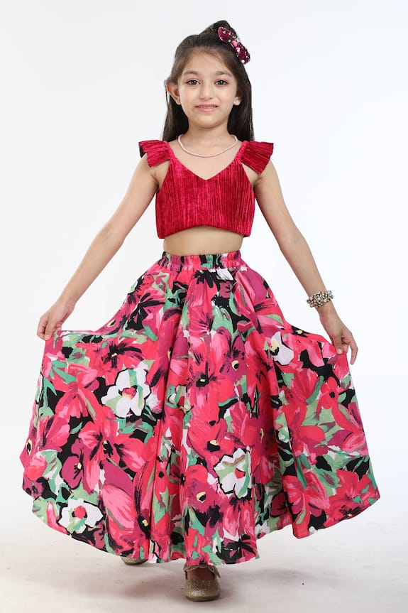 Byb Premium Red Floral Print Lehenga And Choli Set For Girls 1