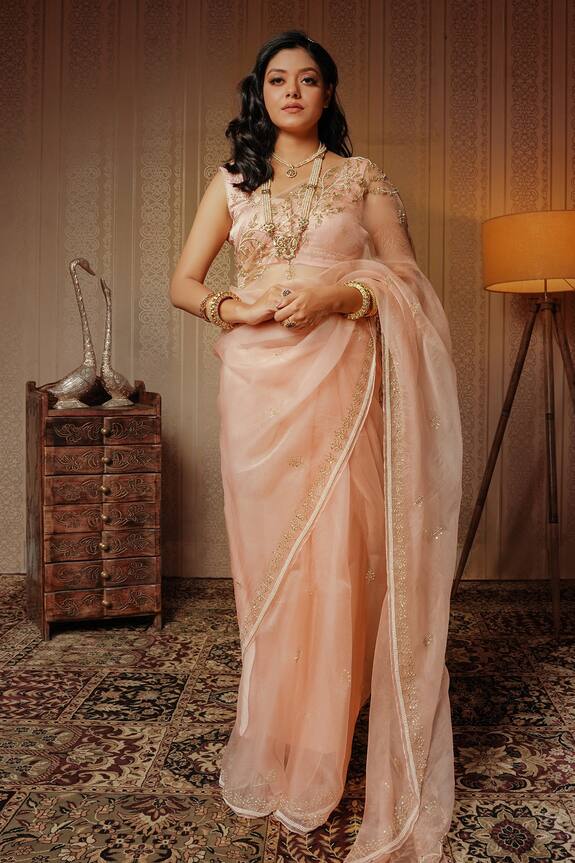Gul By Aishwarya Peach Pure Silk Organza Floral Embroidered Saree With Blouse 0