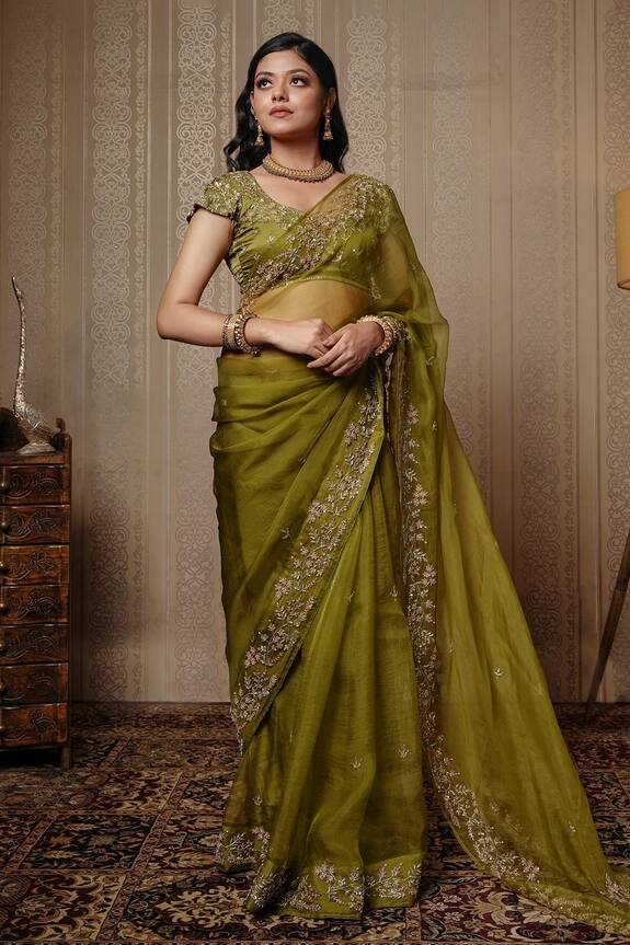 Gul By Aishwarya Green Pure Silk Organza Embroidered Border Saree With Blouse 1