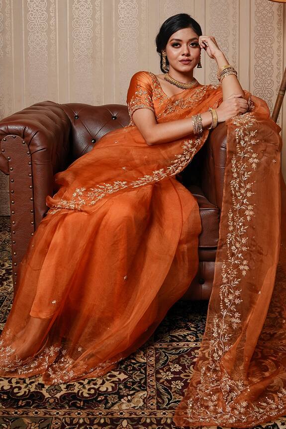 Gul By Aishwarya Orange Pure Silk Organza Embroidered Border Saree With Blouse 1