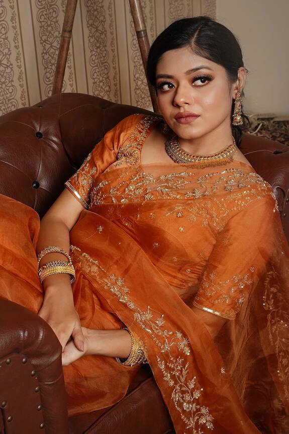 Gul By Aishwarya Orange Pure Silk Organza Embroidered Border Saree With Blouse 4