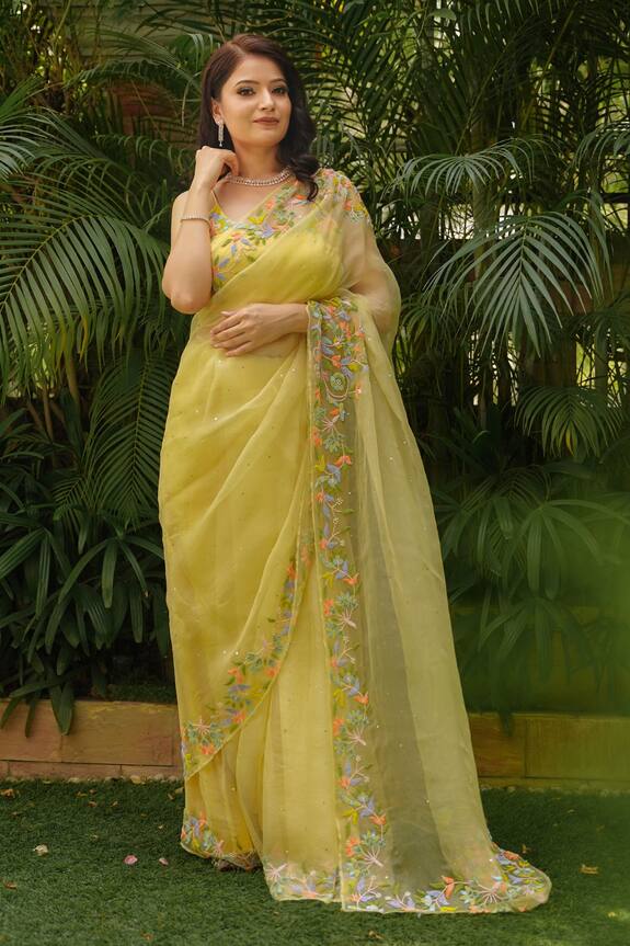 Gul By Aishwarya Yellow Pure Silk Organza Embroidered Border Saree With Blouse 1