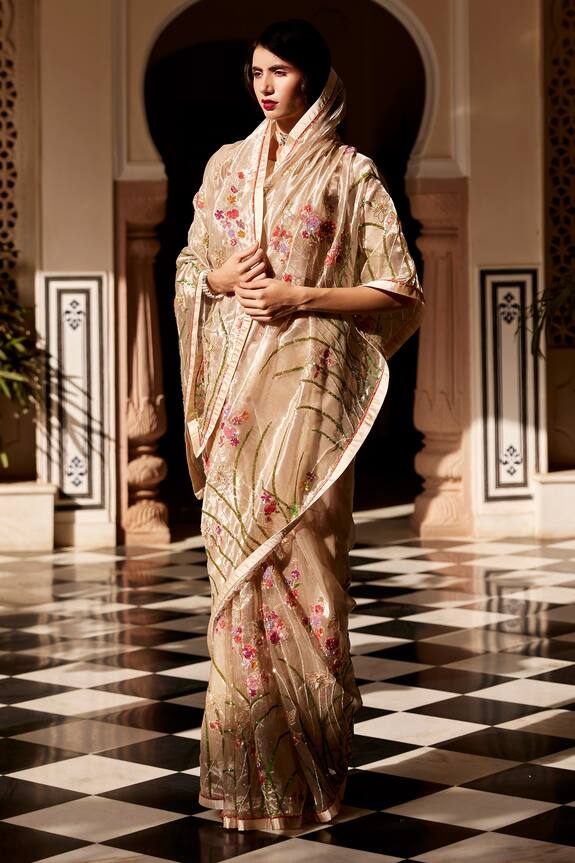 Buy_Atelier Shikaarbagh_Silver Tissue Embroidered Saree_at_Aza_Fashions