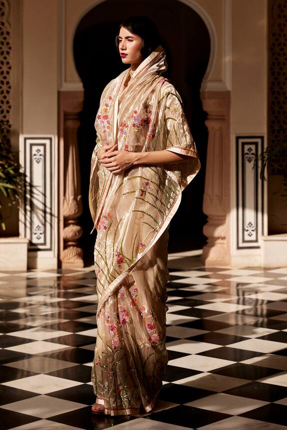 Shop_Atelier Shikaarbagh_Silver Tissue Embroidered Saree_at_Aza_Fashions
