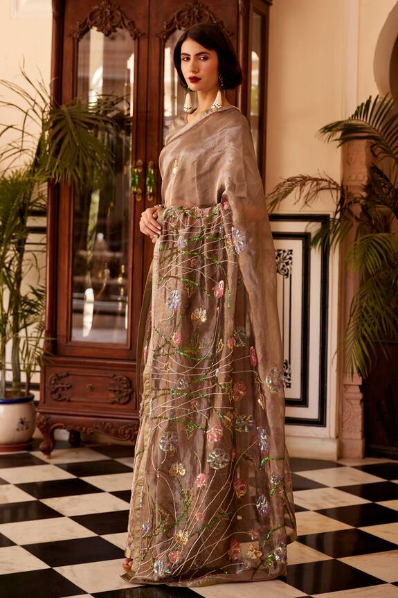 Buy_Atelier Shikaarbagh_Grey Tissue Embroidered Saree_at_Aza_Fashions