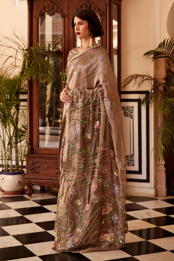 Shop_Atelier Shikaarbagh_Grey Tissue Embroidered Saree_at_Aza_Fashions