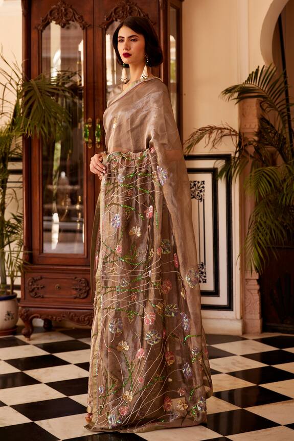 Atelier Shikaarbagh_Grey Tissue Embroidered Saree_Online_at_Aza_Fashions