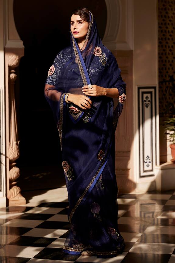 Atelier Shikaarbagh Blue Silk Organza Embroidered Saree 1
