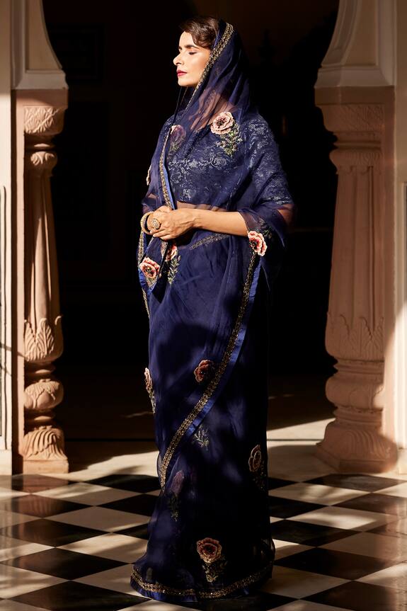 Atelier Shikaarbagh Blue Silk Organza Embroidered Saree 2