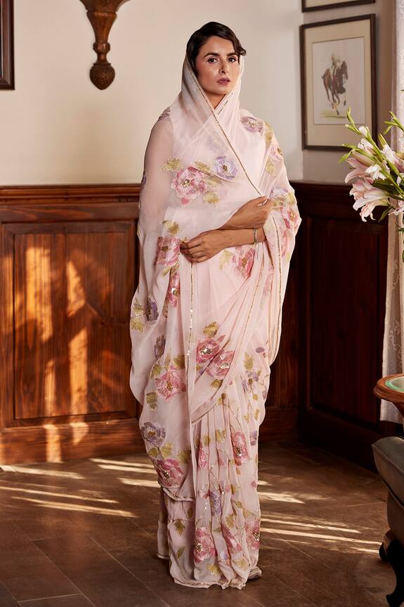 Buy_Atelier Shikaarbagh_Pink Zari Embroidered Saree_at_Aza_Fashions
