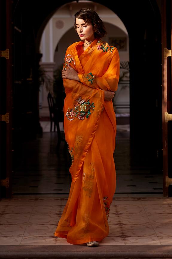 Atelier Shikaarbagh Orange Silk Organza Embroidered Saree 1