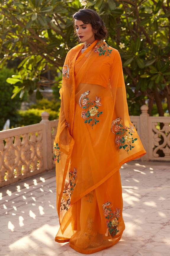 Atelier Shikaarbagh Orange Silk Organza Embroidered Saree 2