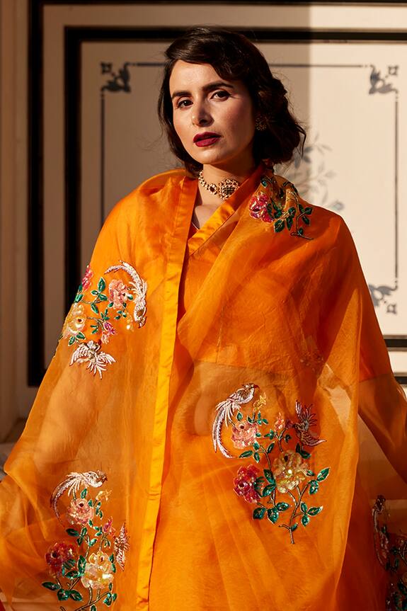 Atelier Shikaarbagh Orange Silk Organza Embroidered Saree 3