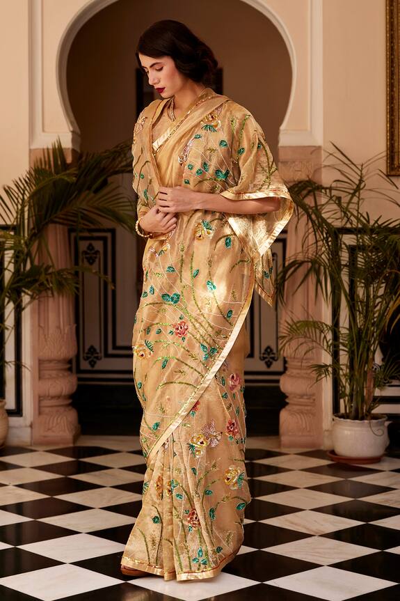 Shop_Atelier Shikaarbagh_Gold Tissue Embroidered Saree_at_Aza_Fashions