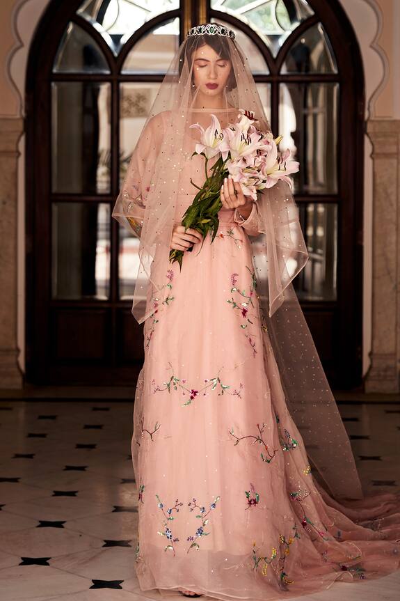 Atelier Shikaarbagh Pink Silk Organza Floral Embroidered Gown 1