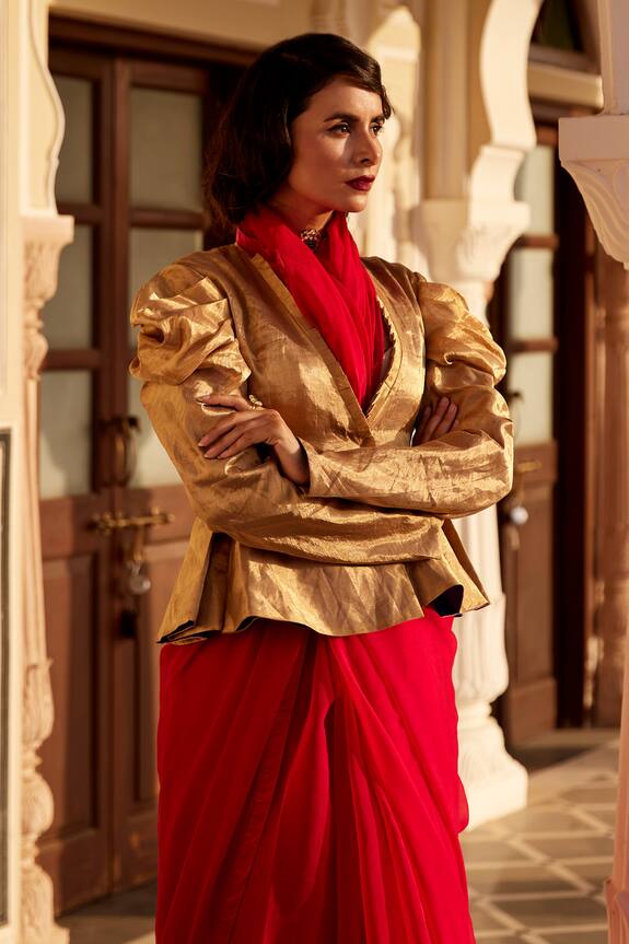 Buy_Atelier Shikaarbagh_Gold Tissue Draped Sleeve Jacket_at_Aza_Fashions