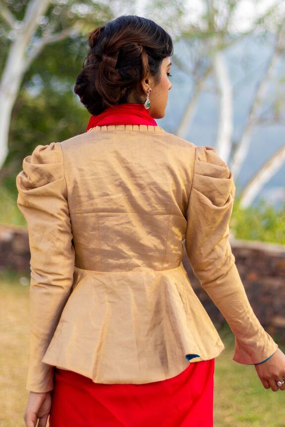 Shop_Atelier Shikaarbagh_Gold Tissue Draped Sleeve Jacket_at_Aza_Fashions