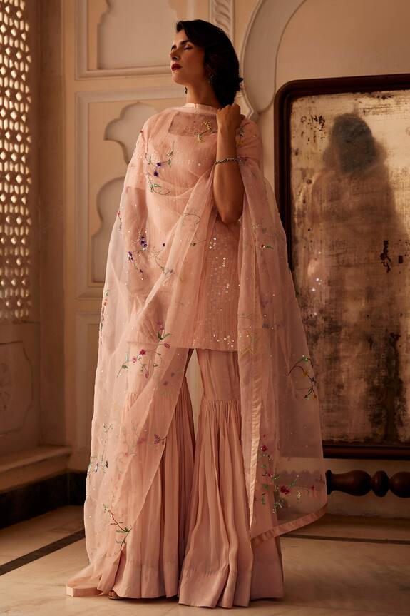 Shop_Atelier Shikaarbagh_Pink Embroidered Kurta Gharara Set_at_Aza_Fashions