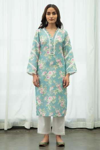 Women Liva Rayon Blue Floral Print Kurta main image 1