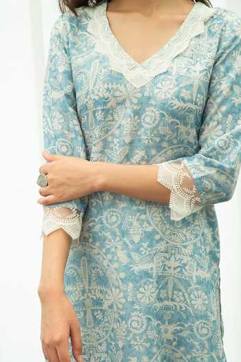 Linen Banaras Bloom Linen Kurta - Blue Floral