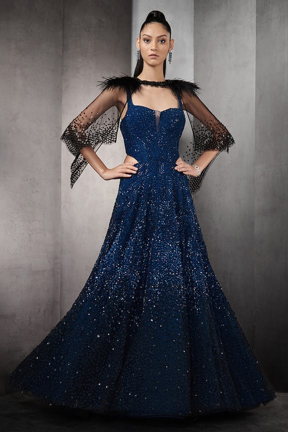 Rohit Gandhi + Rahul Khanna Blue Shantoon Crystal Embellished Gown With Cape 0