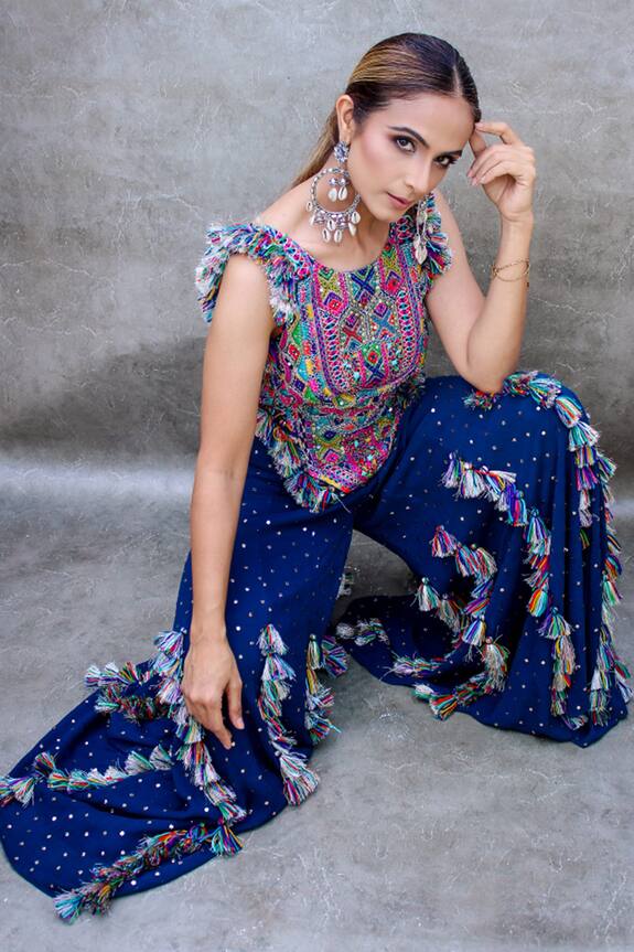 Payal Singhal Blue Georgette Floral Embroidered Choli And Sharara Set 3