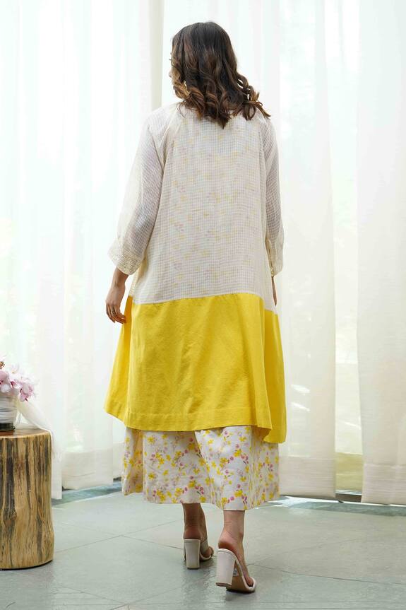 Tussah by Siddhi Shah White Handloom Cotton Textured Shrug With Printed Dress 2