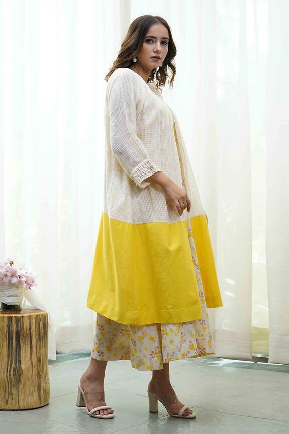 Tussah by Siddhi Shah White Handloom Cotton Textured Shrug With Printed Dress 3