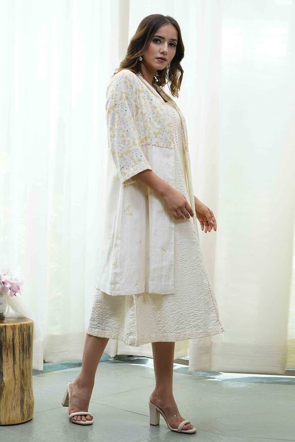 Tussah by Siddhi Shah White Textured Cotton Floral Print Shrug With Dress 3